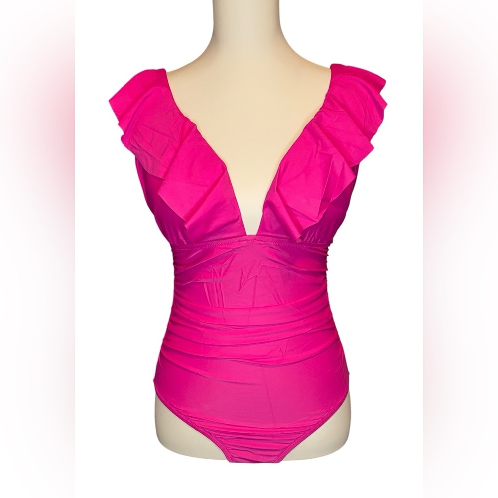 J. Crew Hot Pink Ruffle V-Neck One-Piece Swimsuit